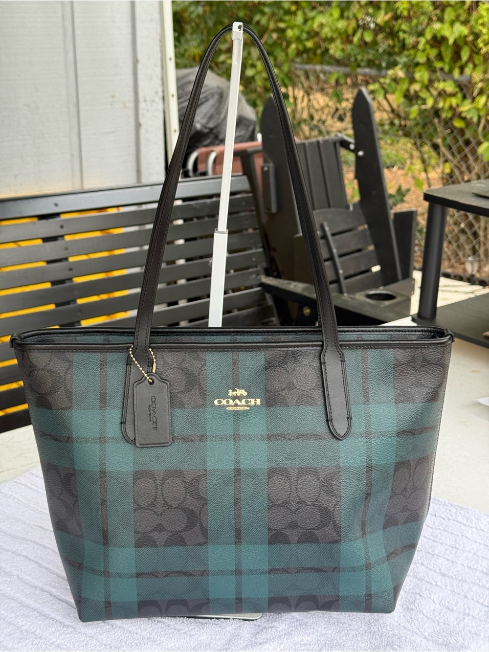 COACH Green and Black Plaid Signature Tote